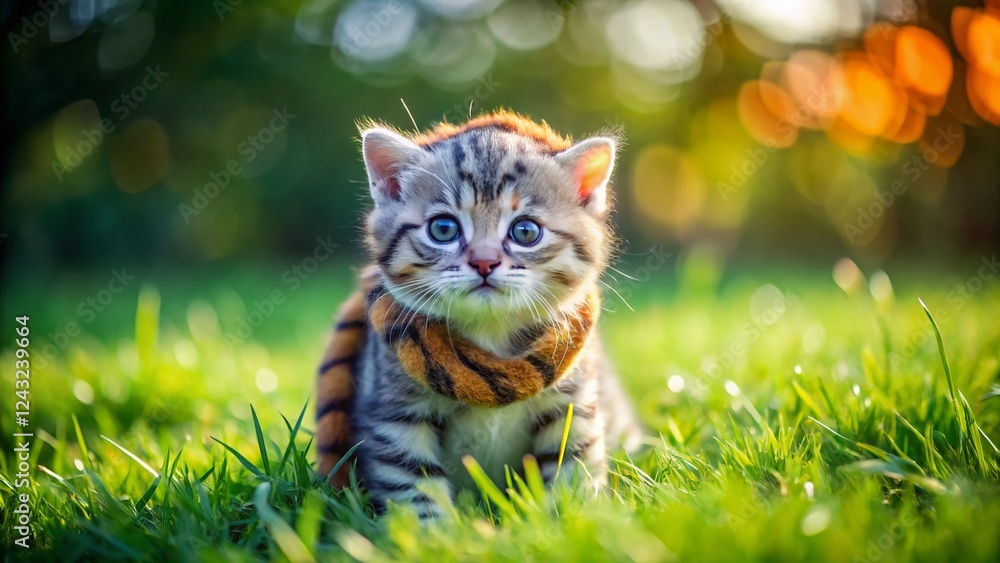 Obraz premium Adorable Gray Kitten in Tiger Costume - Aerial View