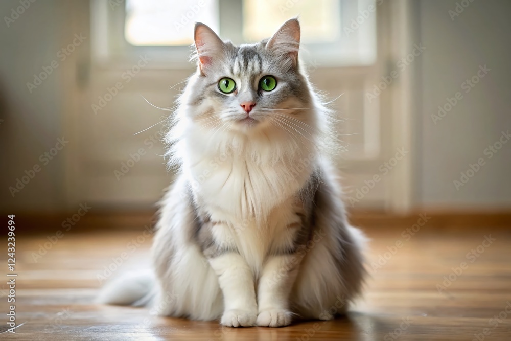 Adorable Gray & White Cat Posing for International Cat Day - Stock Photo Adorable Gray & White Cat Posing for International Cat Day - Stock Photo