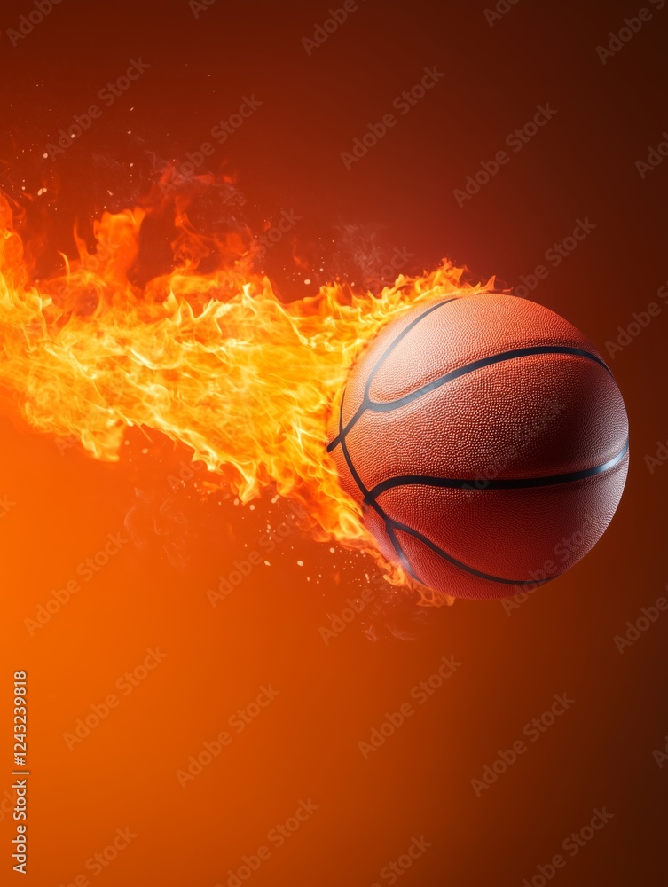 Fototapeta premium Burning Basketball Surrounded by Flames on Orange Scene Symbolizing High Stakes Action Aggressive Play and Athletic Intensity