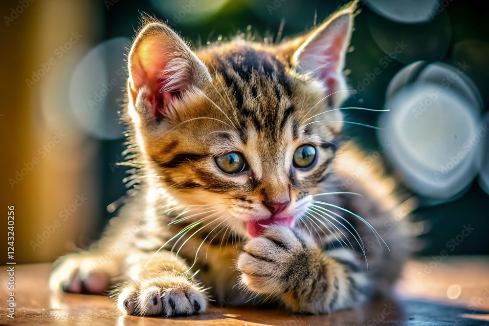 Naklejka premium Adorable Kitten Licking Paw: Close-up Documentary Style Photo