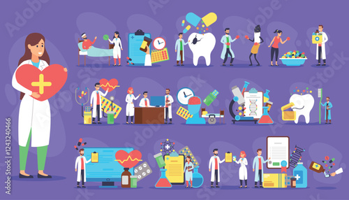 Variety of healthcare professionals engaged in different activities related to medicine and patient care