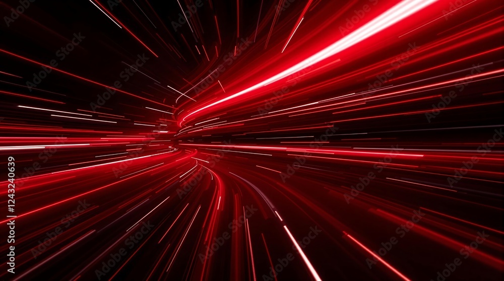 Fototapeta premium This abstract digital artwork depicts a swirling vortex of red light trails, suggesting rapid movement and intense energy, creating a dynamic and futuristic visual experience