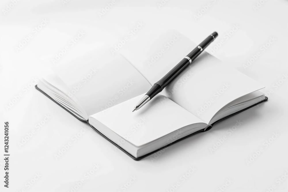 A Sleek Black Pen with Silver Accents Resting Diagonally on a Blank Notebook – Minimalist Composition with Soft Shadows, Glossy Finish, and a Professional Aesthetic A Sleek Black Pen with Silver Accents Resting Diagonally on a Blank Notebook – Minimalist Composition with Soft Shadows, Glossy Finish, and a Professional Aesthetic