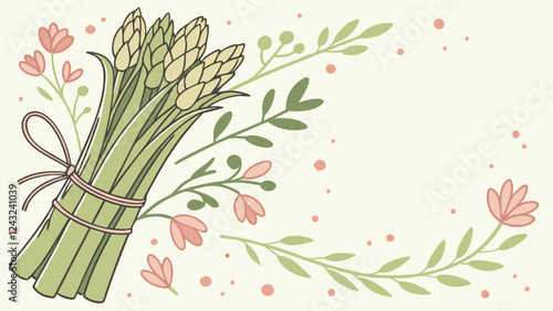 Watercolor asparagus bouquet with blossoms, freshness with copy space