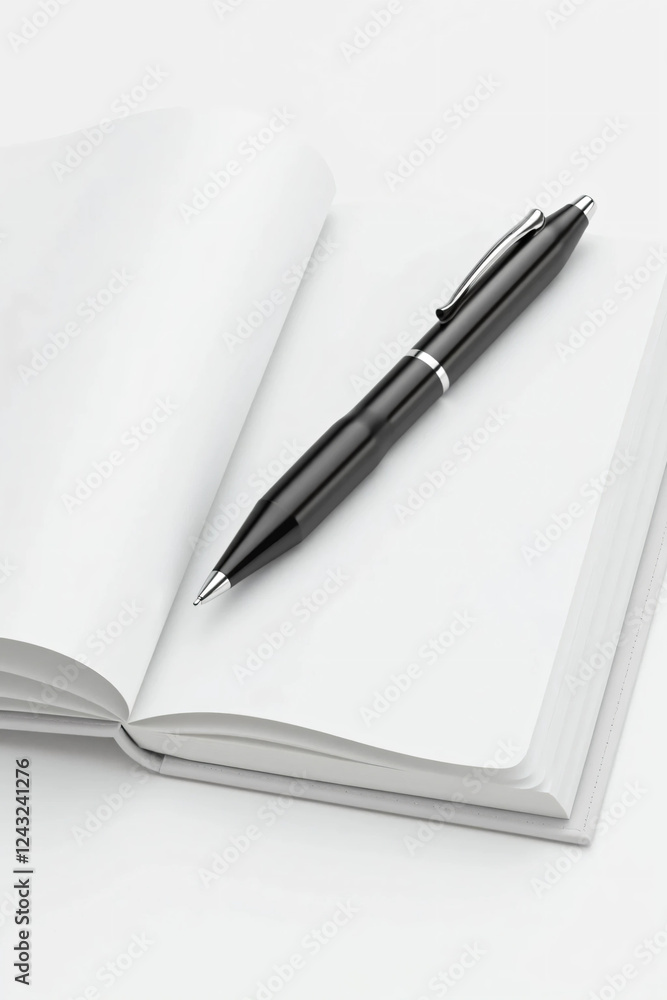 A Sleek Black Pen with Silver Accents Resting Diagonally on a Blank Notebook – Minimalist Composition with Soft Shadows, Glossy Finish, and a Professional Aesthetic A Sleek Black Pen with Silver Accents Resting Diagonally on a Blank Notebook – Minimalist Composition with Soft Shadows, Glossy Finish, and a Professional Aesthetic