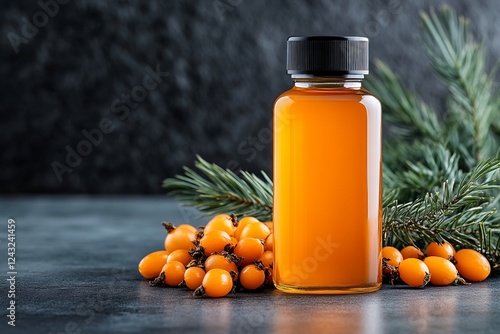 Sea Buckthorn Oil in a Bottle with Fresh Berries and Pine Branches - A Healthy and Natural Drink photo