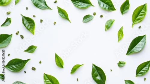 powder matcha green tea and with leaf  isolated on white background