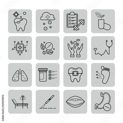 Collection of medical and health-related icons including dental care, medications, fitness, and patient care symbols. Ideal for health professionals and educational purposes