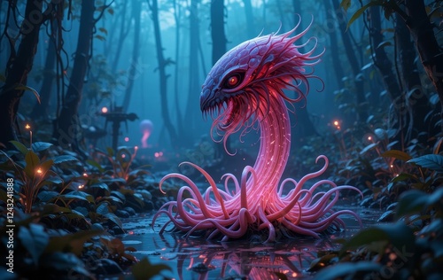 A digital art piece of a glowing neon-colored carnivorous plant in a dark, mystical swamp setting
