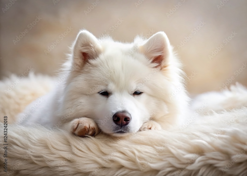 Obraz premium Adorable Samoyed Puppy Sleeping Peacefully on Soft Blanket - Stock Photo