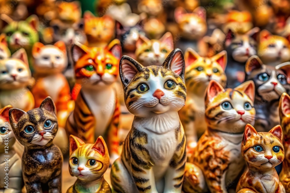 Adorable Small Porcelain Cat Figurines, High-Detail Close-up Stock Photo Adorable Small Porcelain Cat Figurines, High-Detail Close-up Stock Photo