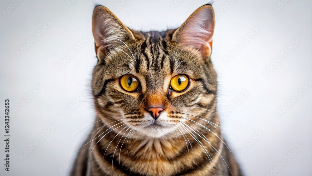 Obraz premium Adorable Tabby Cat Close-Up Portrait with Vivid Yellow Eyes - Tilt-Shift Photography