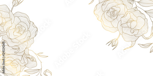 Vector gold rose line background, flower illustration, border, frame. Plant chinese linear blossom, royal elegant ornament