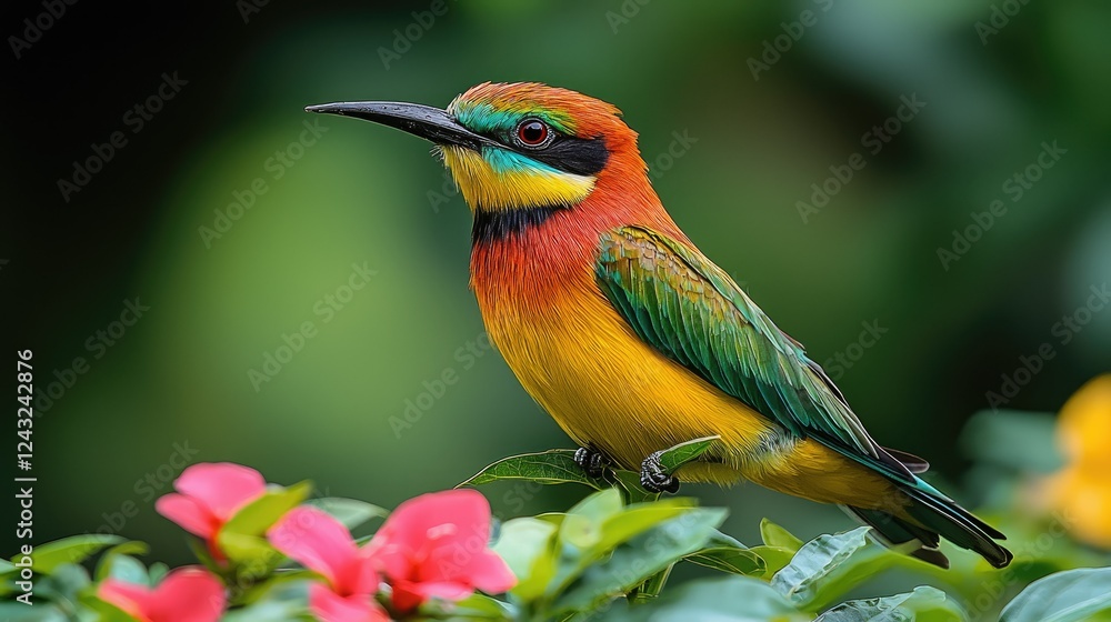 Fototapeta premium Colorful Bee Eater Bird Perched on Green Leaves