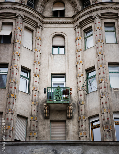 Balcony Historic 1940s Apartent Block In The Jewish quarter in Pest, Hungary photo