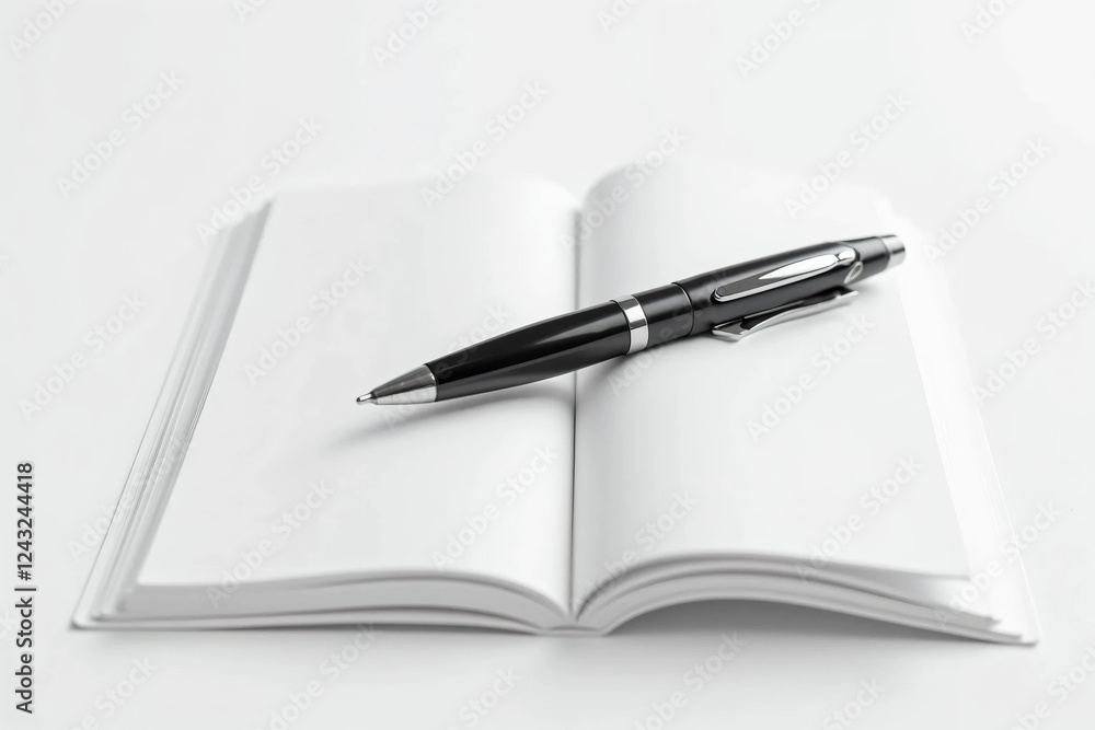 A Sleek Black Pen with Silver Accents Resting Diagonally on a Blank Notebook – Minimalist Composition with Soft Shadows, Glossy Finish, and a Professional Aesthetic A Sleek Black Pen with Silver Accents Resting Diagonally on a Blank Notebook – Minimalist Composition with Soft Shadows, Glossy Finish, and a Professional Aesthetic