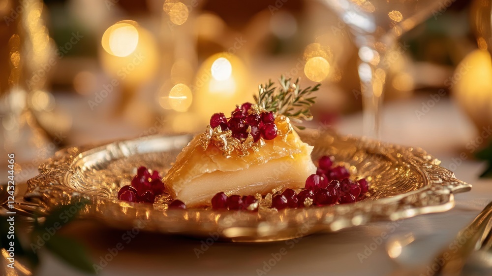 Festive dessert, candlelit dinner, ornate plate, holiday Festive dessert, candlelit dinner, ornate plate, holiday