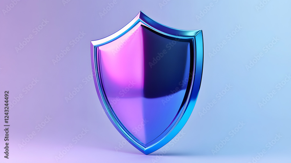 Shield depicting protection. shield 3d icon. Protection, defense and security concept symbol: blue and purple shield on isolated on white background Shield depicting protection. shield 3d icon. Protection, defense and security concept symbol: blue and purple shield on isolated on white background