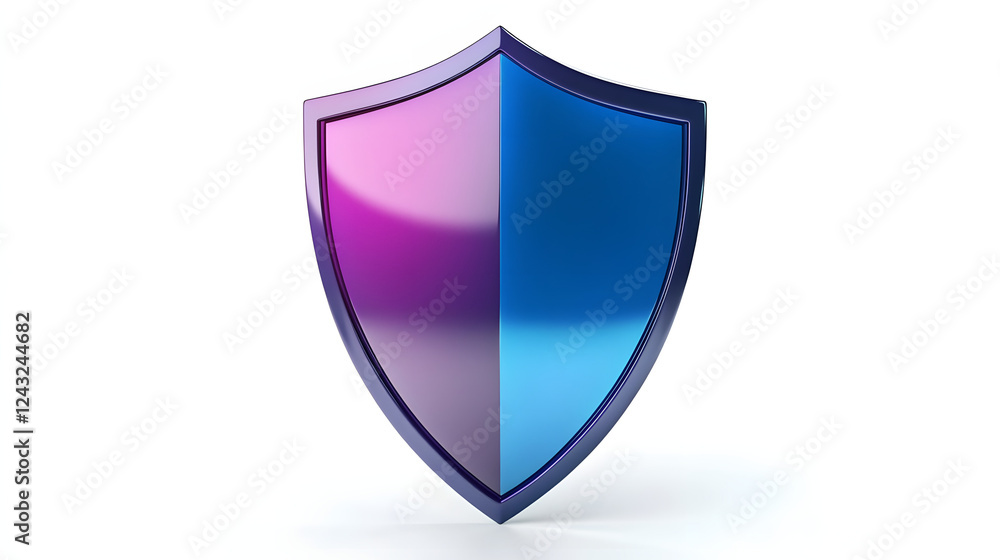 Shield depicting protection. shield 3d icon. Protection, defense and security concept symbol: blue and purple shield on isolated on white background Shield depicting protection. shield 3d icon. Protection, defense and security concept symbol: blue and purple shield on isolated on white background
