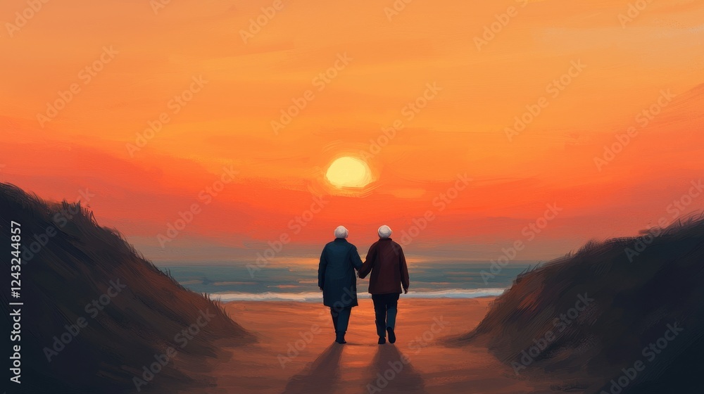 Fototapeta premium Elderly Couple Walking Hand in Hand at Sunset by the Ocean