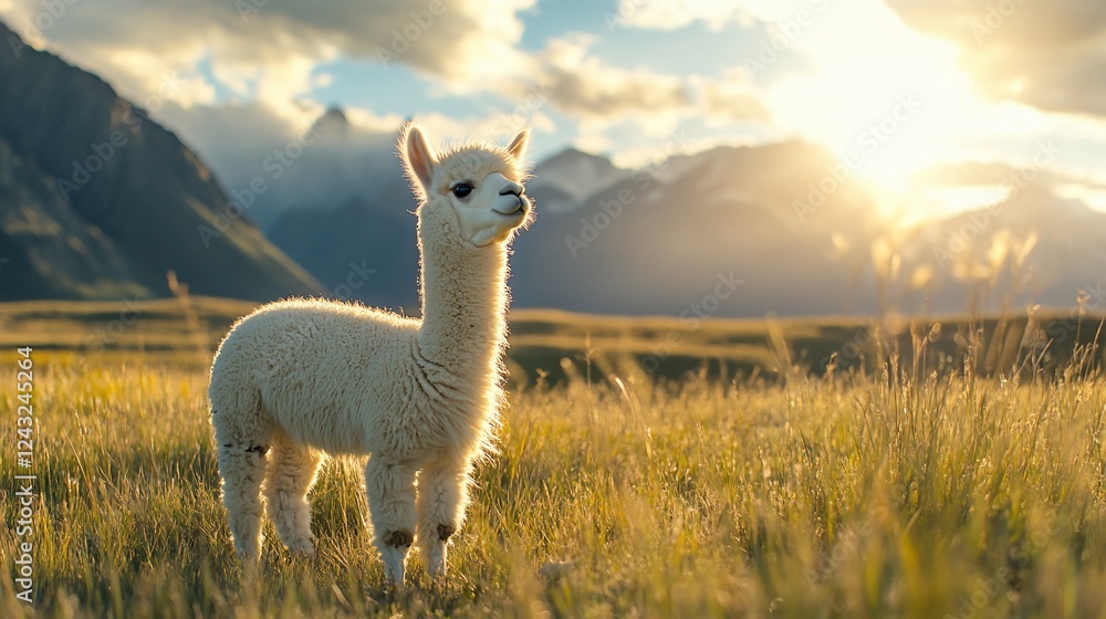 Alpaca sunset meadow, mountain backdrop, peaceful scene Alpaca sunset meadow, mountain backdrop, peaceful scene
