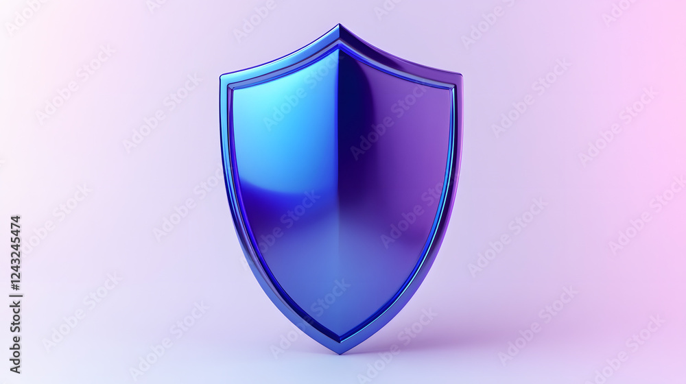 Shield depicting protection. shield 3d icon. Protection, defense and security concept symbol: blue and purple shield on isolated on white background Shield depicting protection. shield 3d icon. Protection, defense and security concept symbol: blue and purple shield on isolated on white background
