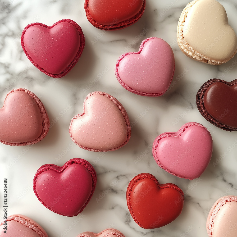 Assorted heart-shaped macarons in pink and red tones on elegant marble background, delicious and romantic french pastry perfect for valentine’s day, weddings, and sweet gift ideas Assorted heart-shaped macarons in pink and red tones on elegant marble background, delicious and romantic french pastry perfect for valentine’s day, weddings, and sweet gift ideas