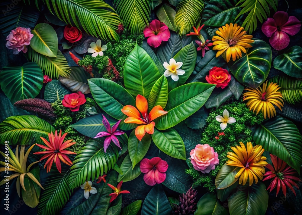 Naklejka premium Aerial Drone Shot: Vibrant Tropical Flowers & Lush Foliage Against Dark Background