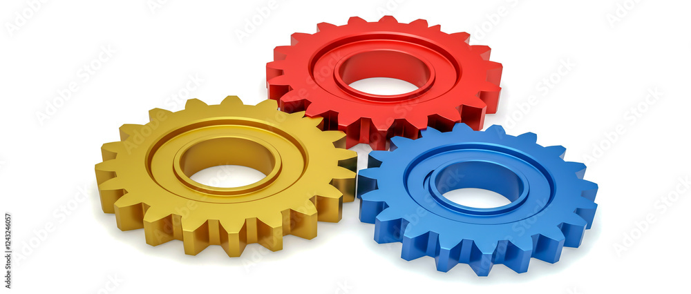 Three gears of different colors - one is gold one is red, Three gears of different colors - one is gold one is red,