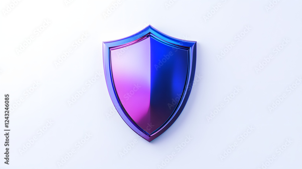 Shield depicting protection. shield 3d icon. Protection, defense and security concept symbol: blue and purple shield on isolated on white background Shield depicting protection. shield 3d icon. Protection, defense and security concept symbol: blue and purple shield on isolated on white background