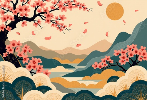 パステル日本のアート：桜、麻の葉、雲のパターン。文化的なプリントとエレガントな家の装飾のための穏やかなベクターデザイン [パステル にほん アート さくら あさのは くも パターン ぶんかてき プリント エレガント いえ そうしょく おだやか ベクターデザイン]
