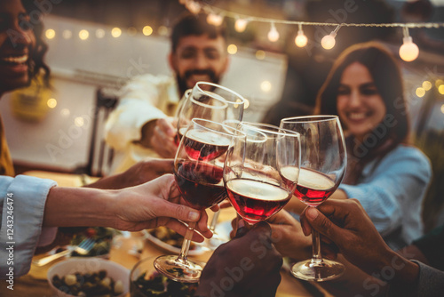 Photography People toasting red wine glasses on rooftop dinner party - Happy friends eating