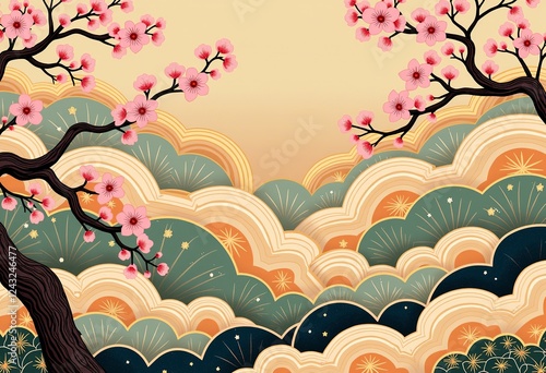 エレガントな日本のデザイン：桜の花びら、金色の丘、青海波。文化的で穏やかな空間のためのベクターアートの時代を超越した美しさ [エレガント にほん デザイン さくら はなびら きんいろ おか せいがいは ぶんかてき おだやか くうかん ベクターアート じだい ちょうえつ うつくしさ]
