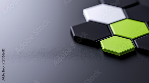 Abstract Geometric Hexagon Pattern: Black White and Green 3D Render