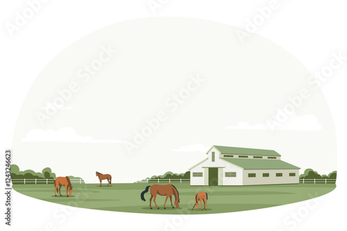 Horses grazing in a green pasture near a large white stable with a fence area and trees in the background under a clear sky