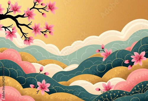 日本の装飾的なアート：重ねられた雲、桜、麻の葉のパターン。鮮やかな季節の花。家とアートのためのエレガントなベクターデザイン [にほん てき そうしょくてき アート かさね られた くも さくら あさのは パターン あざやか きせつ はな いえ アート エレガント ベクターデザイン]
