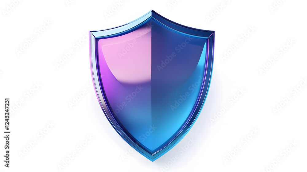 Shield depicting protection. shield 3d icon. Protection, defense and security concept symbol: blue and purple shield on isolated on white background Shield depicting protection. shield 3d icon. Protection, defense and security concept symbol: blue and purple shield on isolated on white background