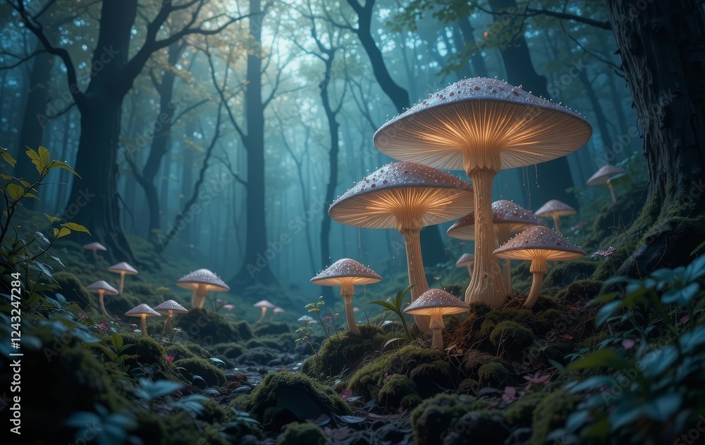 Fototapeta premium A digital art piece featuring glowing luminescent mushrooms in a mystical forest setting
