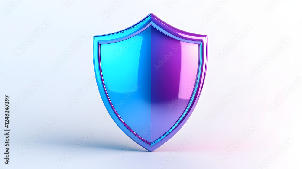 Shield depicting protection. shield 3d icon. Protection, defense and security concept symbol: blue and purple shield on isolated on white background Shield depicting protection. shield 3d icon. Protection, defense and security concept symbol: blue and purple shield on isolated on white background