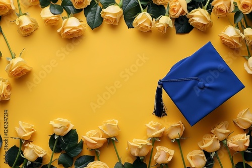 Graduation Celebration with Yellow Roses and Blue Cap. A beautiful and elegant graduation image with yellow roses and a blue graduation cap on a yellow background. photo