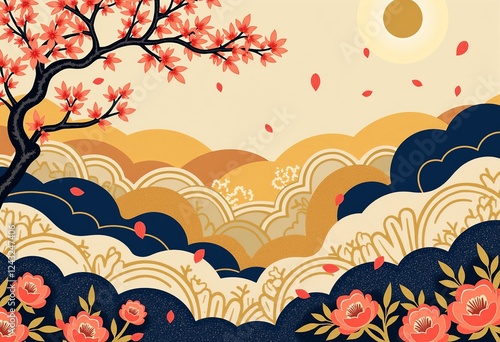 日本の伝統的なモチーフ：桜、青海波、麻の葉。穏やかな装飾と文化的なデザインのためのエレガントなパステルと金色のベクターアート [にほん でんとうてき モチーフ さくら せいがいは あさのは おだやか そうしょく ぶんかてき デザイン エレガント パステル きんいろ ベクターアート]
