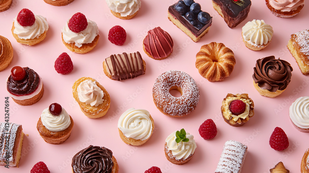 An assortment of delectable pastries and desserts is beautifully arranged against a pink background. An assortment of delectable pastries and desserts is beautifully arranged against a pink background.