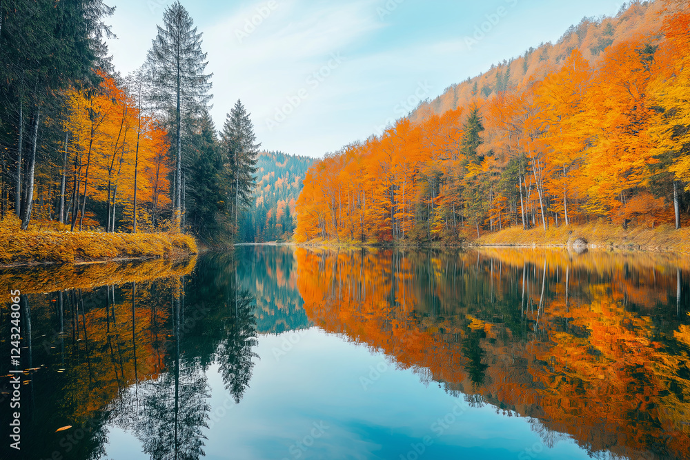 Obraz premium A perfectly symmetrical, mirrored lake surrounded by autumn-colored trees