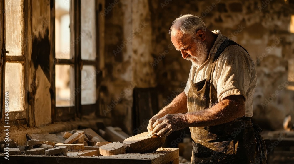 Skilled Craftsman Working with Stone in Rustic Workshop Lighting Skilled Craftsman Working with Stone in Rustic Workshop Lighting