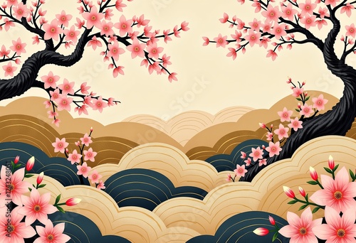 日本の伝統的なアート：桜、青海波、金色の丘。文化的な装飾と時代を超越した美しさのためのエレガントなベクターデザイン [にほん てき でんとうてき アート さくら せいがいは きんいろ おか ぶんかてき そうしょく じだい ちょうえつ うつくしさ]

