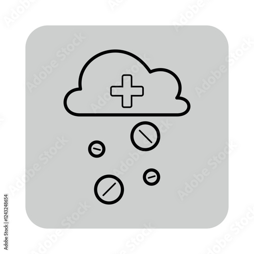 Line icon of cloud with medical cross symbol and pills falling down. Health, wellness, and medical assistance concept