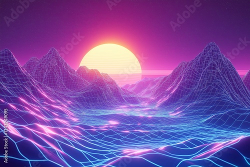 A neon, vaporwave-inspired desert landscape with wireframe mountains.