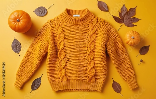 A flat lay of a knitted sweater on a yellow background with fall leaves and a cup of tea photo