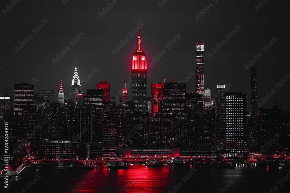 Fototapeta premium A monochrome black-and-white city skyline with a single glowing red accent.