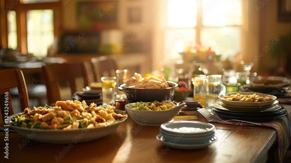 Fototapeta premium Sunlit farmhouse table, abundant food, family gathering, Thanksgiving